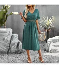 Casual Short-Sleeved Single-Breasted Solid Color V-Neck Long Dress Wholesale Dresses V5923050300060 -DivaLook Shop O1CN01FfVSMA1wuayuGAEHl 3267756368 0 cib