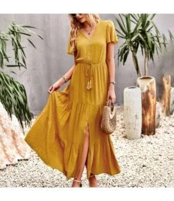 Casual Solid Color Fly Fly Sleeve V-Neck Button High Waist A-Line Dress Wholesale Dresses V5923050300046 -DivaLook Shop O1CN01HlQIlP1wuayBEen0q 3267756368 0 cib