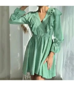 Commuter Ruffled V-Neck Puff Sleeve Solid Color A-Line Dress Wholesale Dresses N463423021400186 -DivaLook Shop O1CN01I8vFqn2GztpLdK1c1 2212501819087 0 cib