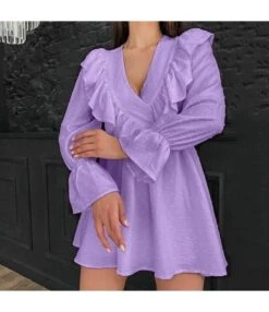 Commuter Ruffled V-Neck Puff Sleeve Solid Color A-Line Dress Wholesale Dresses N463423021400186 -DivaLook Shop O1CN01RVbfbI2GztpLdJM25 2212501819087 0 cib 3
