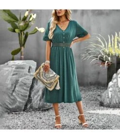 Casual Short-Sleeved Single-Breasted Solid Color V-Neck Long Dress Wholesale Dresses V5923050300060 -DivaLook Shop O1CN01XsiBoI1wuayoSxe2B 3267756368 0 cib