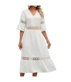 Solid Color V-Neck Hollow Stitching Mid-Sleeve Commuter Dress Wholesale Dresses N4623052500032