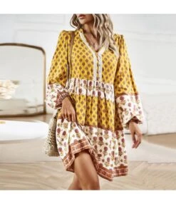 Bohemian Print Long Sleeve V-Neck A-Line Dress Wholesale Dresses