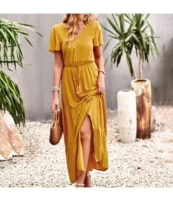 Casual Solid Color Fly Fly Sleeve V-Neck Button High Waist A-Line Dress Wholesale Dresses V5923050300046 -DivaLook Shop O1CN01eSDOWT1wuayHzkdyx 3267756368 0 cib