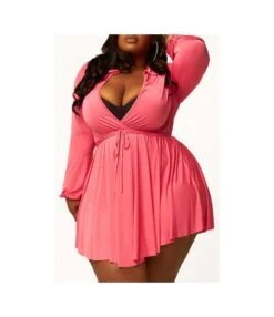 Wholesale Plus Size Clothing Long Sleeve Tied Lapel Knit Dress N5923091200044