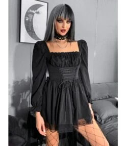 Sweet Punk Style Solid Color Long Sleeve Square Neck Dress Wholesale Dresses V5923041900069 -DivaLook Shop O1CN01juOEJD1MhTSRsaV6X 3900101466 0 cib