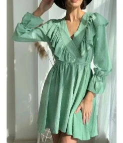 Commuter Ruffled V-Neck Puff Sleeve Solid Color A-Line Dress Wholesale Dresses N463423021400186 -DivaLook Shop O1CN01kYbjm72GztpV3rotM 2212501819087 0 cib