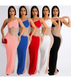 Sexy Pearl Hot Drill See-Through Mesh Oblique One-Shoulder Dress Wholesale Dresses V5923031800123