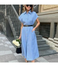 Elegant Solid Color Short Sleeve Single-Breasted Lapel Long Shirt Dress With Waistband Wholesale Dresses N5323032800057 -DivaLook Shop O1CN01qv95xT2GztrYj4qrW 2212501819087 0 cib 3