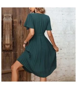Commuting Short-Sleeved Solid Color Pleated V-Neck Dress Wholesale Dresses N461623030900084 -DivaLook Shop O1CN01sJMVXZ2FsHfDZCC07 2502018935 0 cib