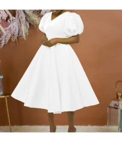 Fashion Solid Color V-Neck Bubble Sleeve Dress Wholesale Dresses V5923050300080 -DivaLook Shop O1CN01sX5oWz1qrUb5Z0z4W 4225535549 0 cib 6