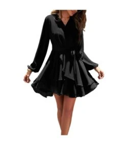 Temperament Solid Color V-Neck High Waist Tie Long Sleeve Dress Wholesale Dresses N5923080800002