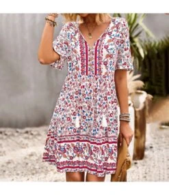 Bohemian Bell Sleeve Print Simple Fringe Dress Wholesale Dresses N462523032300176