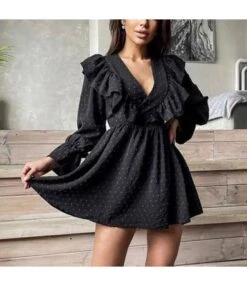 Commuter Ruffled V-Neck Puff Sleeve Solid Color A-Line Dress Wholesale Dresses N463423021400186 -DivaLook Shop O1CN01zcnGDX2GztpQByKkd 2212501819087 0 cib 3