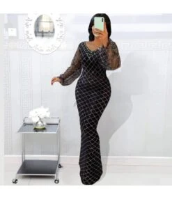 Sequined Beaded V-Neck See-Through Puff Sleeves Body-Fitting Party Dress Wholesale Dresses SDV463693