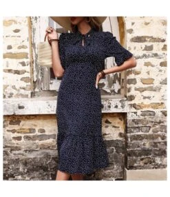 Women Polka Dot Print Puff Sleeve Tie Knot Wholesale Swing Dresses SDN580633