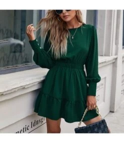 Women Puff Sleeve Plain Color Elastic Waist Wholesale Swing Dresses SDN580801