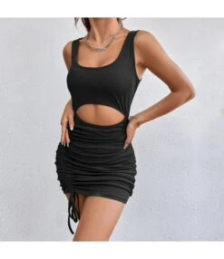 Sexy Hollow Drawstring Mini Dress Square Neck Solid Color Sleeveless Bodycon Wholesale Dresses SDN560569