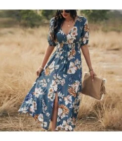 Sexy Deep V Floral Swing Dress Short Sleeve Slim Drawstring High Slit Vacation Wholesale Dresses SDN560326