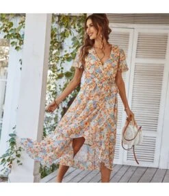 Slit Design Fashion Clothing Floral Printed Casual V Neck Wholesale Dresses SD191125