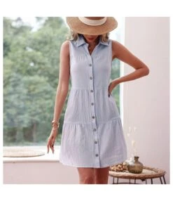 Women Fashion Turn Down Collar V Neck Button Cotton Linen Wholesale Tank Dresses SD168353