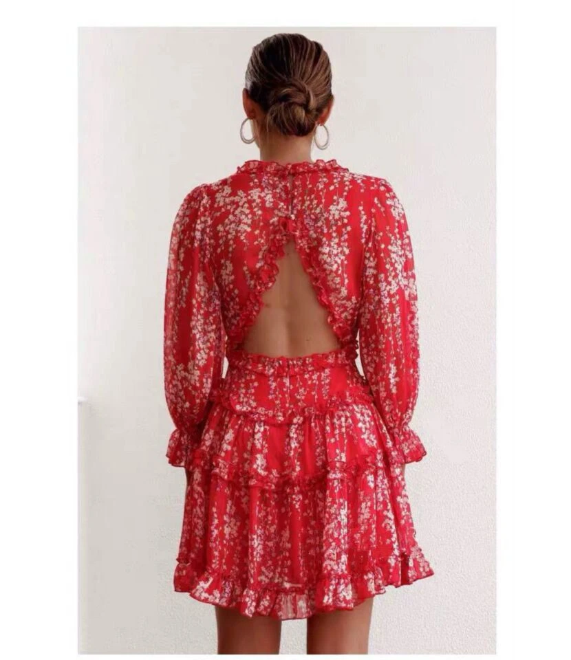 Floral Print Long Sleeve Vacation Dress Wholesale Dresses Backless Puff Sleeves SD203967 5 Floral Print Long Sleeve Vacation Dress Wholesale Dresses Backless Puff Sleeves SD203967 - Image 3