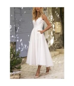 Solid Color Deep-V Neck Sleeveless Open Back Swing Dress Wholesale Dresses SDN538374