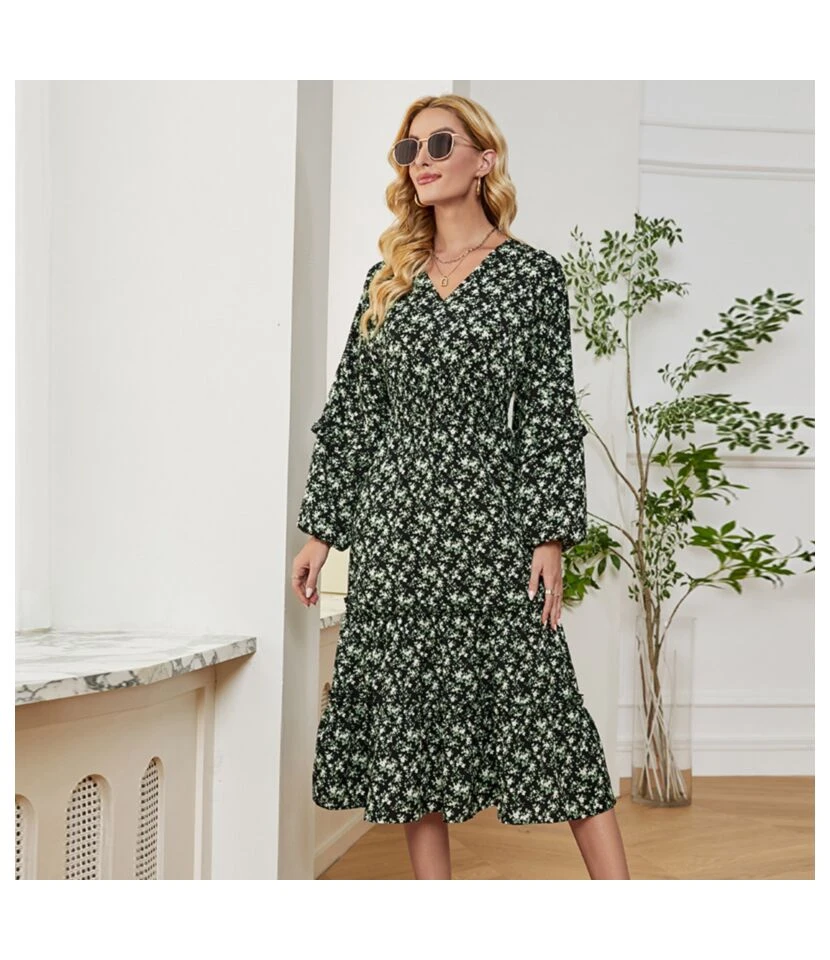 Lantern Sleeve Wooden Ear Print Slim V-Neck Midi Dress Wholesale Dresses SDV463970