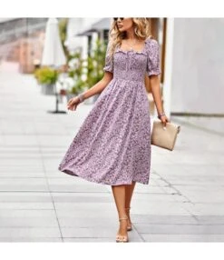 Summer Puff Sleeve Casual Square Collar Floral Swing Dress Wholesale Dresses N5323022200257