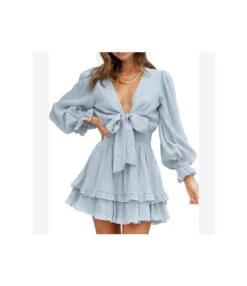 V-Neck Solid Color Tieback Bowknot Long Lantern Sleeve Ruffle Dress Casual Wholesale Dresses SD531178