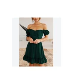 Solid Color Puff Sleeve Ruffles Off Shoulder Tied Rope Vacation Dress Wholesale Dresses SD203764