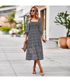 Printed High Waist Square Collar 3/4 Sleeve Flowy Dress Wholesale Dresses N5323021300017 -DivaLook Shop b01720799b2a4b9880f9afa9011a2c0e 4