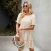 Solid Color Puff Sleeve Round Neck Loose Smocked Ruffled Dress Summer Casual Wholesale Dresses SDN533144