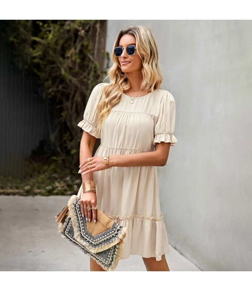 Solid Color Puff Sleeve Round Neck Loose Smocked Ruffled Dress Summer Casual Wholesale Dresses SDN533144 3 Solid Color Puff Sleeve Round Neck Loose Smocked Ruffled Dress Summer Casual Wholesale Dresses SDN533144