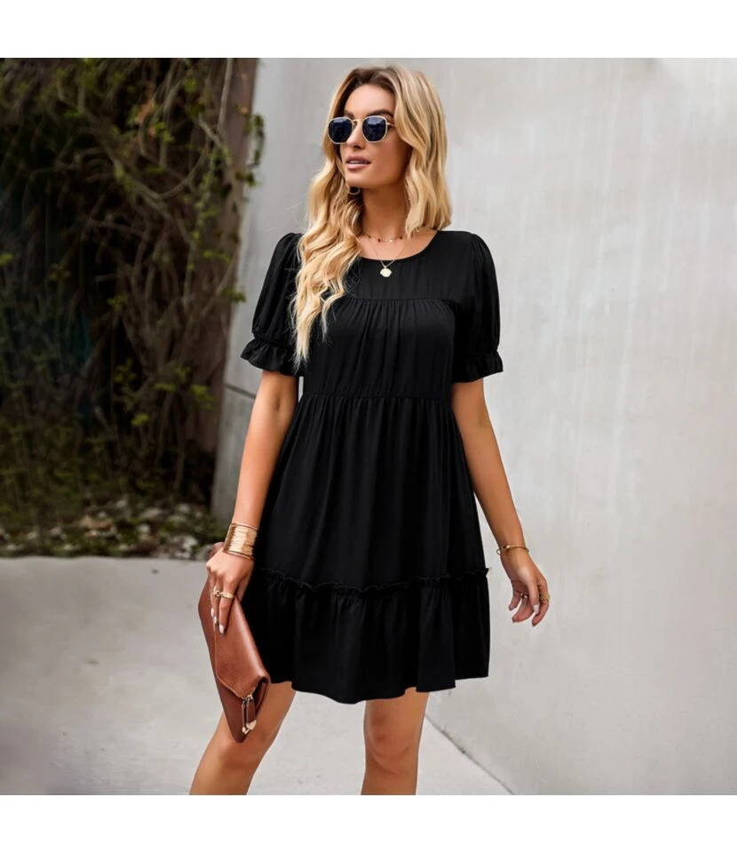 Solid Color Puff Sleeve Round Neck Loose Smocked Ruffled Dress Summer Casual Wholesale Dresses SDN533144 8 Solid Color Puff Sleeve Round Neck Loose Smocked Ruffled Dress Summer Casual Wholesale Dresses SDN533144 - Image 6