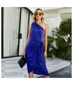 Women Plain Color One Shoulder Sleeveless Irregular Hem Wholesale Bodycon Wrap Dresses With Belt SD183648