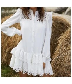 Fashion Hollow Lace Ladies T Shirt Dress Wholesale Long Sleeve SD202527