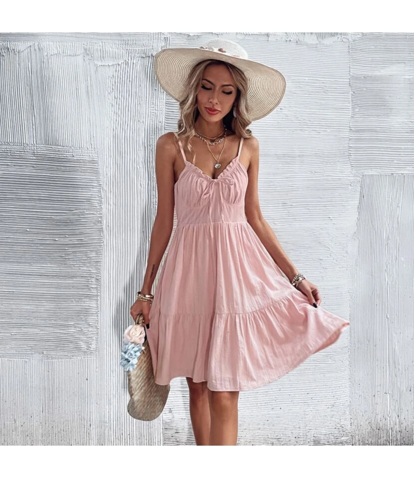 Women Plain Sleeveless Spaghetti Strap V Neck Pleated Wholesale Swing Dresses SD580171 5 Women Plain Sleeveless Spaghetti Strap V Neck Pleated Wholesale Swing Dresses SD580171 - Image 3