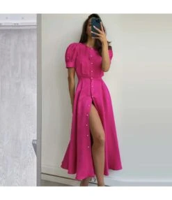 Fashion Crew Neck Puff Sleeve A-Line Midi Dress Single-Breasted Slit Solid Color Wholesale Dresses SD58855 -DivaLook Shop c8a63ffe 3750 4822 908f ed35326bec7b O1CN01QUseUO1dqUf16kUz9 3020913787 0 cib