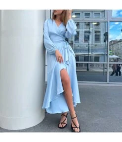 Satin Irregular Mermaid V Neck Elegant Solid Color Maxi Dress Wholesale Dresses SDV463839