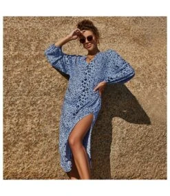 Loose Casual Fashion Printed Wholesale Dresses Long Sleeve V-Neck Slit Swing Skirt SD165491