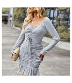 Long Sleeve Drawstring Pleated Ruffled Bodycon Dress Wholesale Dresses SDN536757