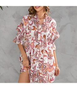 Printed Single-Breasted Cropped Half-Sleeve Wrap Chest Shirtdress Wholesale Casual Dresses SDN533199