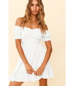 Solid Color Puff Sleeve Ruffles Off Shoulder Tied Rope Vacation Dress Wholesale Dresses SD203764 -DivaLook Shop cefd6cf4 a7eb 4760 9dad 7f3565000a33 18B46B20D392EED02E93962A73433C4B