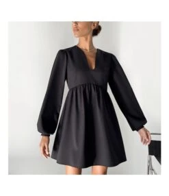 Commuting Simple V-Neck Lantern Sleeve Solid Color A-Line Dress Wholesale Dresses N463523021400186