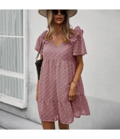 V-Neck Chic Wholesale Dresses Flocking Solid Color Casual Dresses SD202892