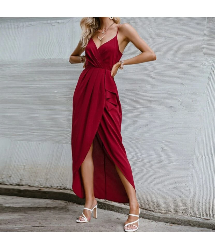 Spaghetti Strap V Neck Tie Waist High Split Hem Red Wholesale Cami Dresses SD204552 5 Spaghetti Strap V Neck Tie Waist High Split Hem Red Wholesale Cami Dresses SD204552 - Image 3