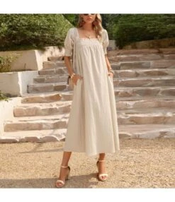 Elegant Flower Petal Sleeve Solid Color Square Neck Long Dress Wholesale Dresses V5923041200032