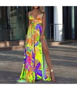 Palm Leaves Print Low Cut Sling High Waist Slit Swing Dress Resort Sundresses Wholesale Maxi Dresses SDN533008
