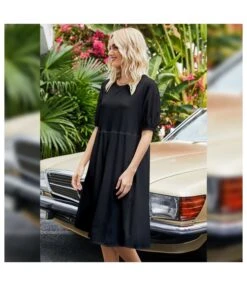 Solid Color Puff Sleeve Round Neck Wholesale Swing Dresses SD183639